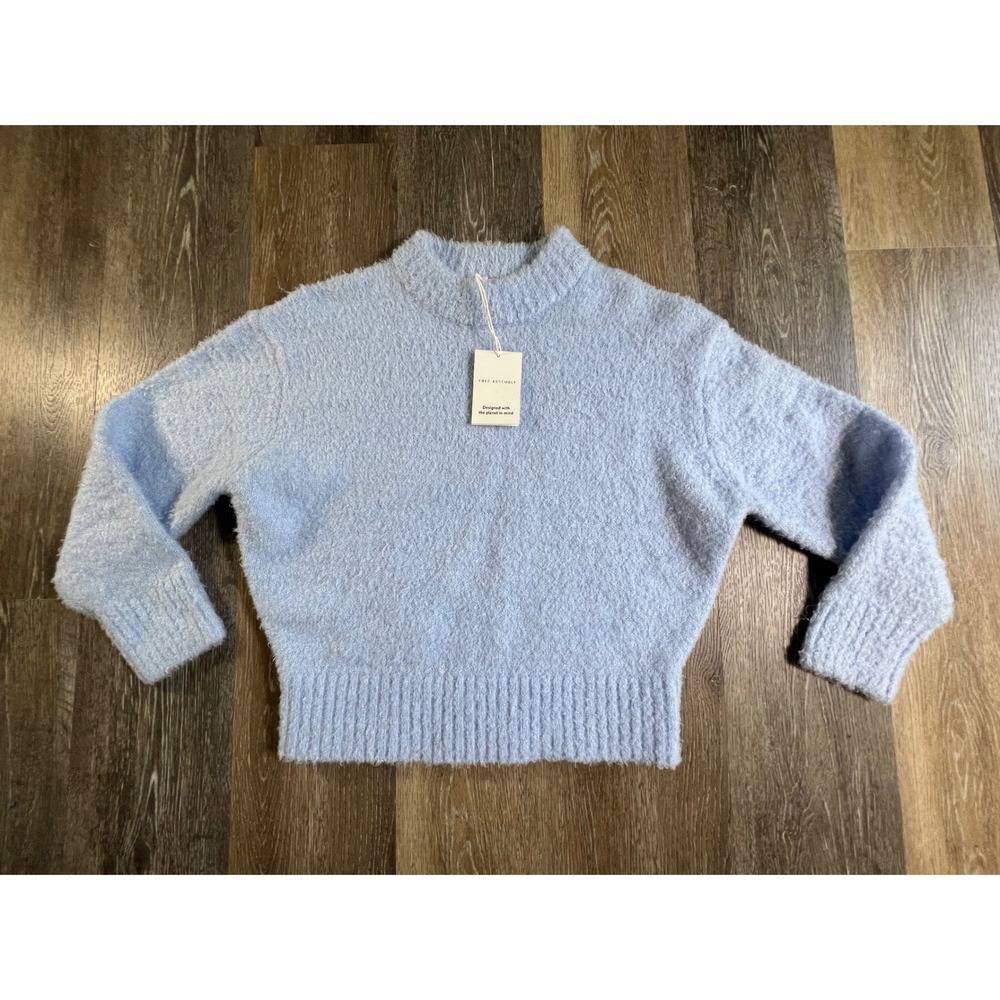 Free Assembly Sweater Womens M Blue Mock Neck Eyelash Knit Fuzzy Pullover